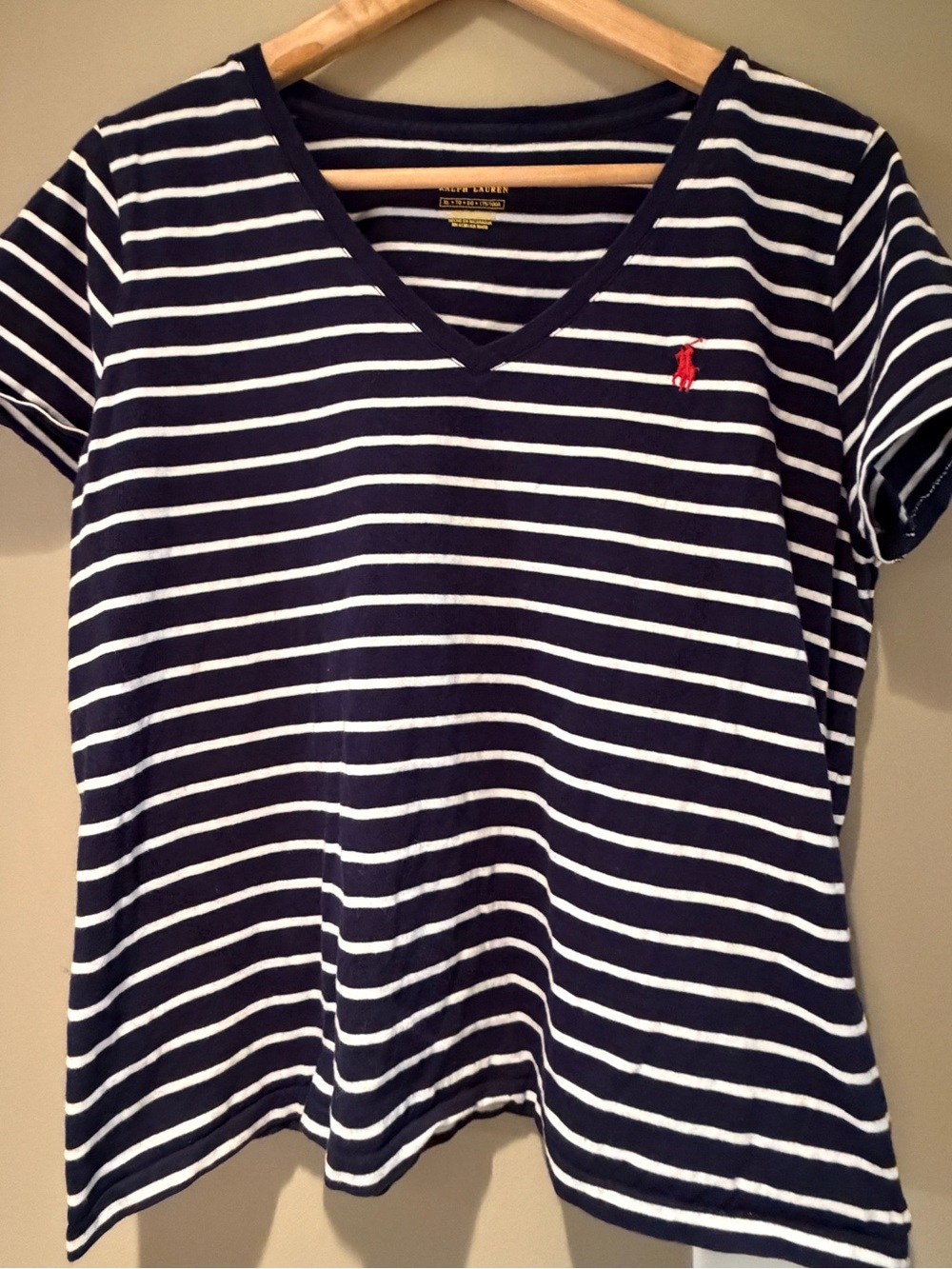 Polo by Ralph Lauren Navy & White Striped V‑Neck Tee with Red Pony